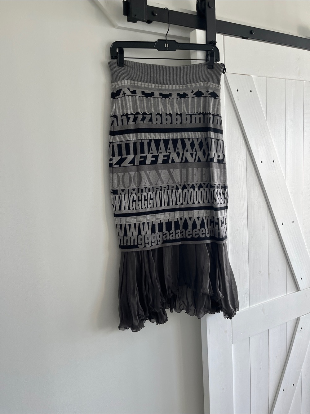 Dolce & Gabbana Gray and Black Knit Pencil Skirt with Chiffon Ruffle